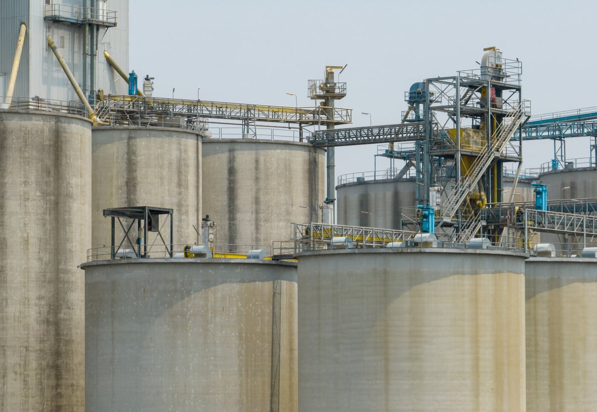 Animal feed factory. Agricultural silos, grain storage silos. Ag