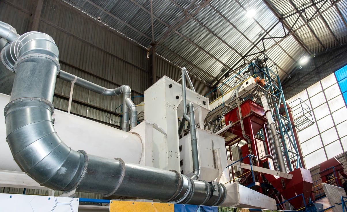 Trybuhivtsi, Ukraine â  June 15, 2018: Agroindustrial view with internal structures and equipment of grain elevator in Ternopil region.